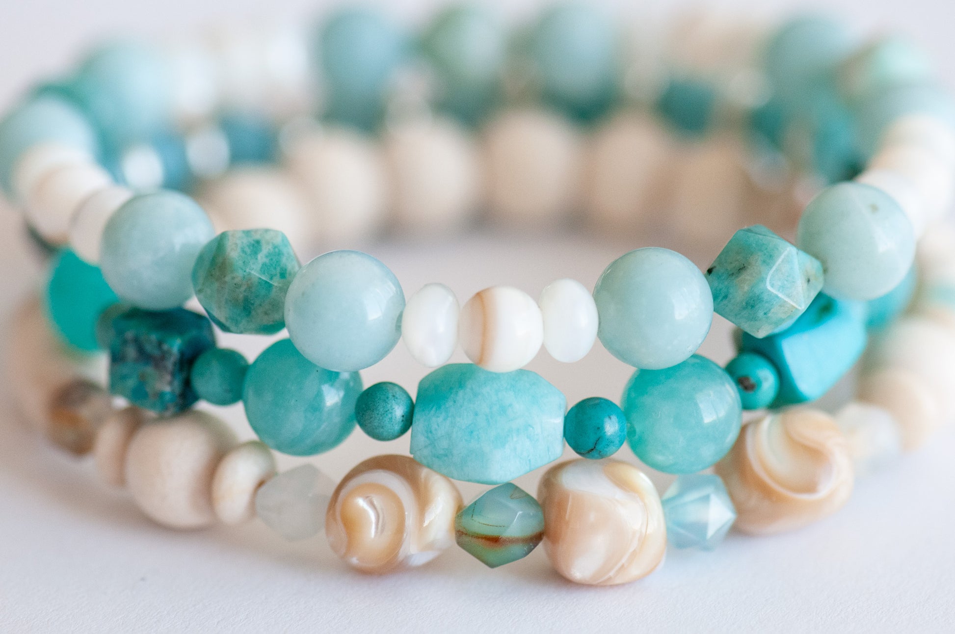 Voyage to Cuba bracelet set inspired by Cayo Cruz, featuring Amazonite, Chrysocolla, Fossil Stone, and Trocca Shell