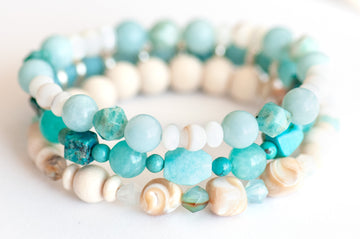 Voyage to Cuba bracelet set inspired by Cayo Cruz, featuring Amazonite, Chrysocolla, Fossil Stone, and Trocca Shell
