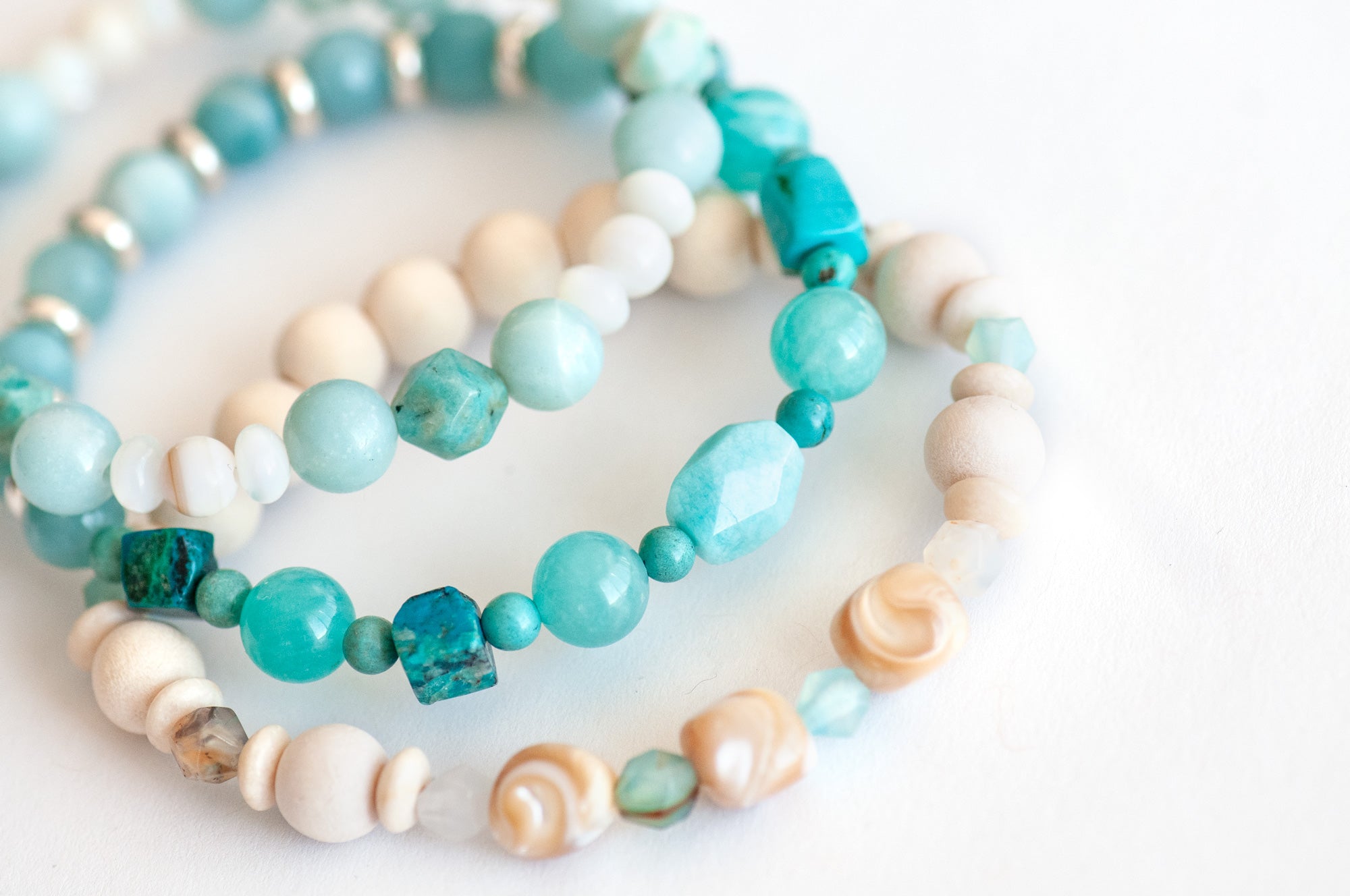 Voyage to Cuba bracelet set inspired by Cayo Cruz, featuring Amazonite, Chrysocolla, Fossil Stone, and Trocca Shell