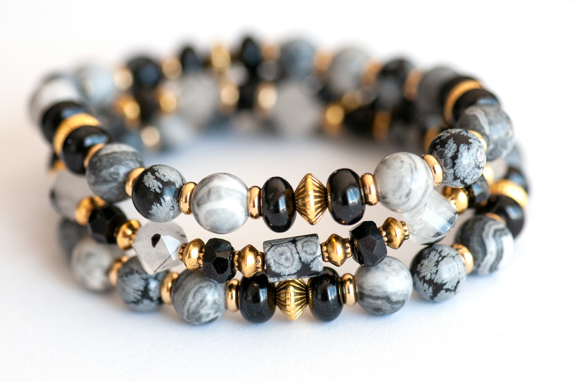 Nyx - Snowflake Obsidian, Spinel & Jasper Bracelet Set