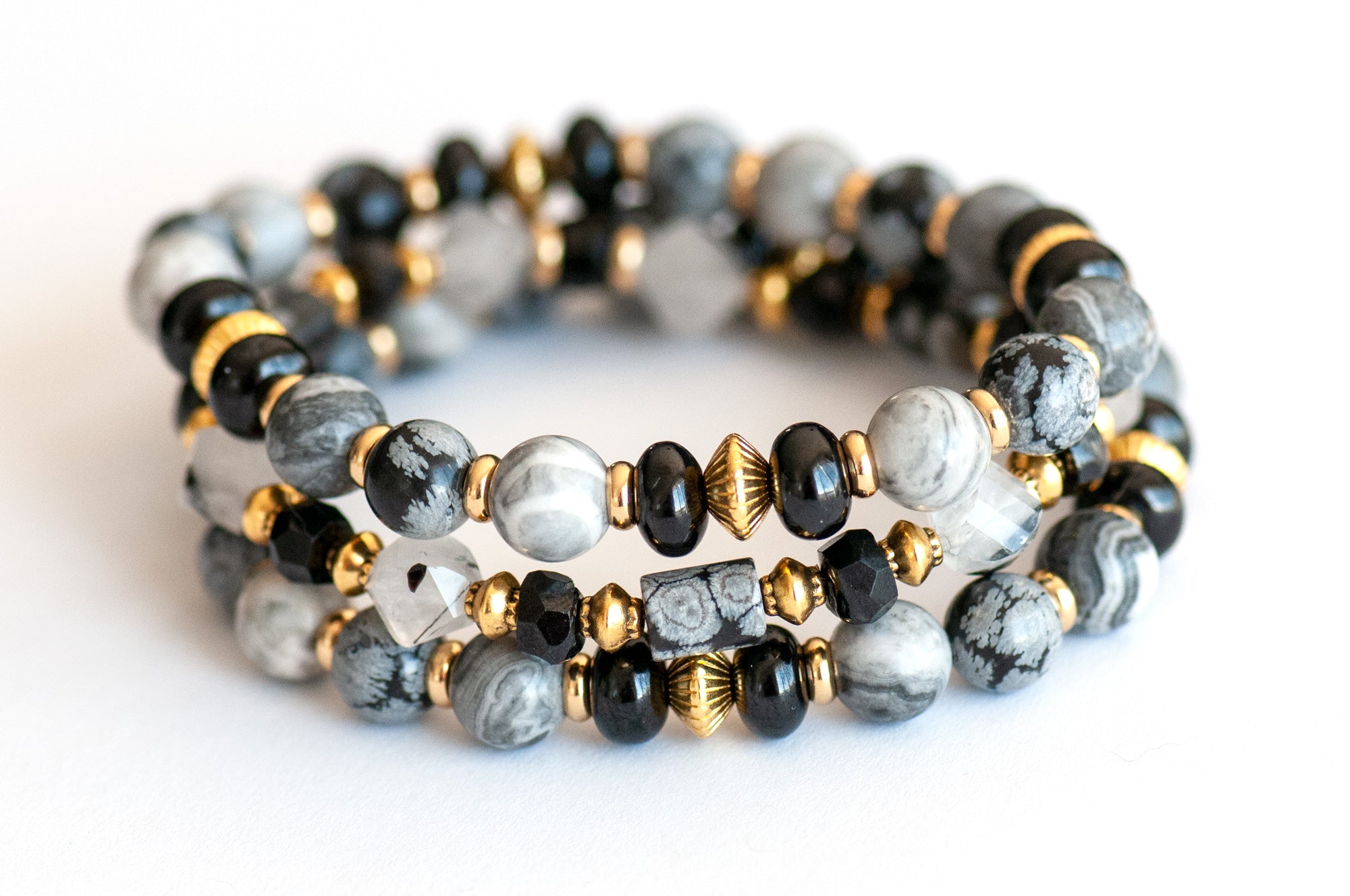 Nyx - Snowflake Obsidian, Spinel & Jasper Bracelet Set