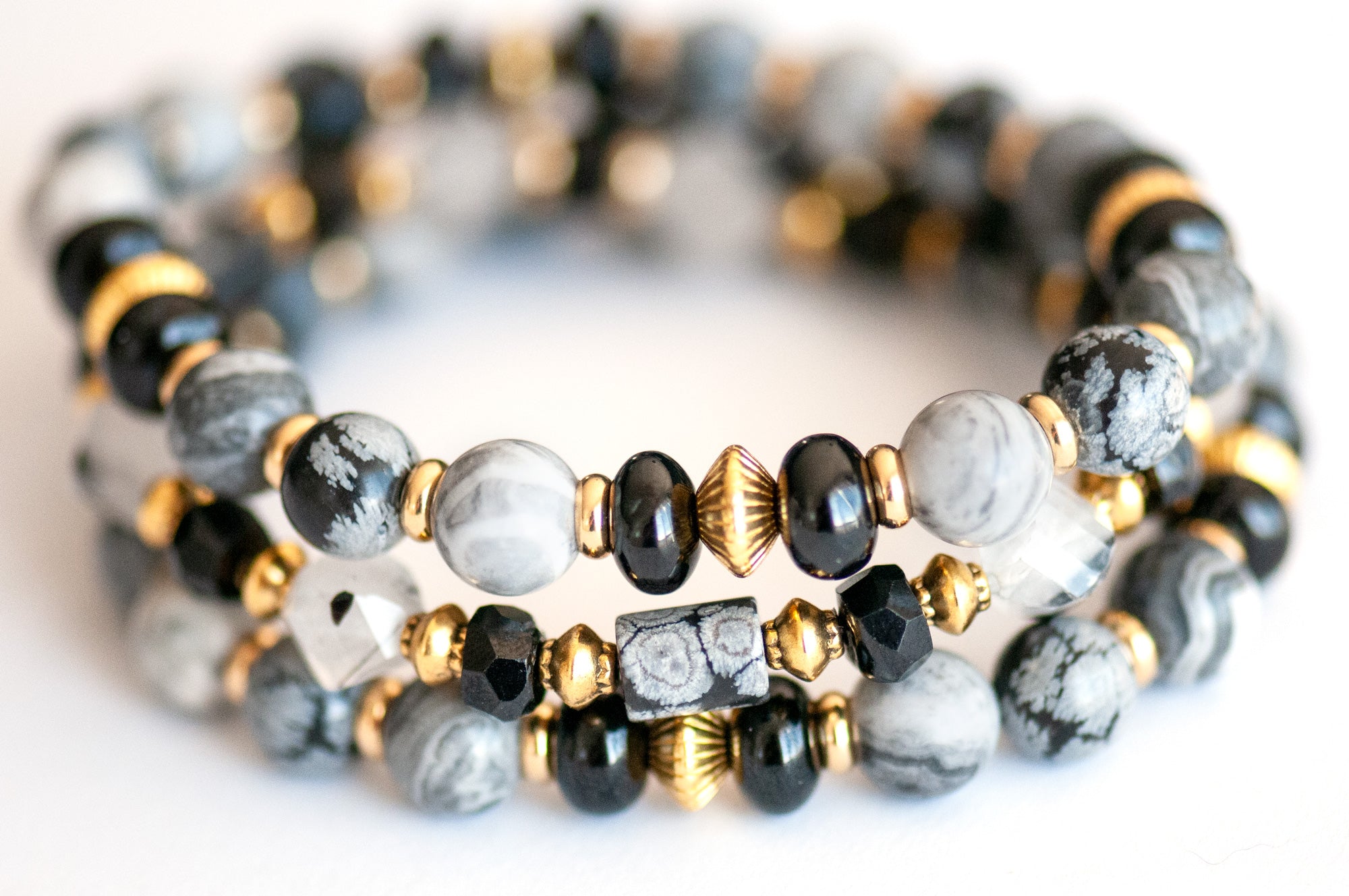 Nyx - Snowflake Obsidian, Spinel & Jasper Bracelet Set