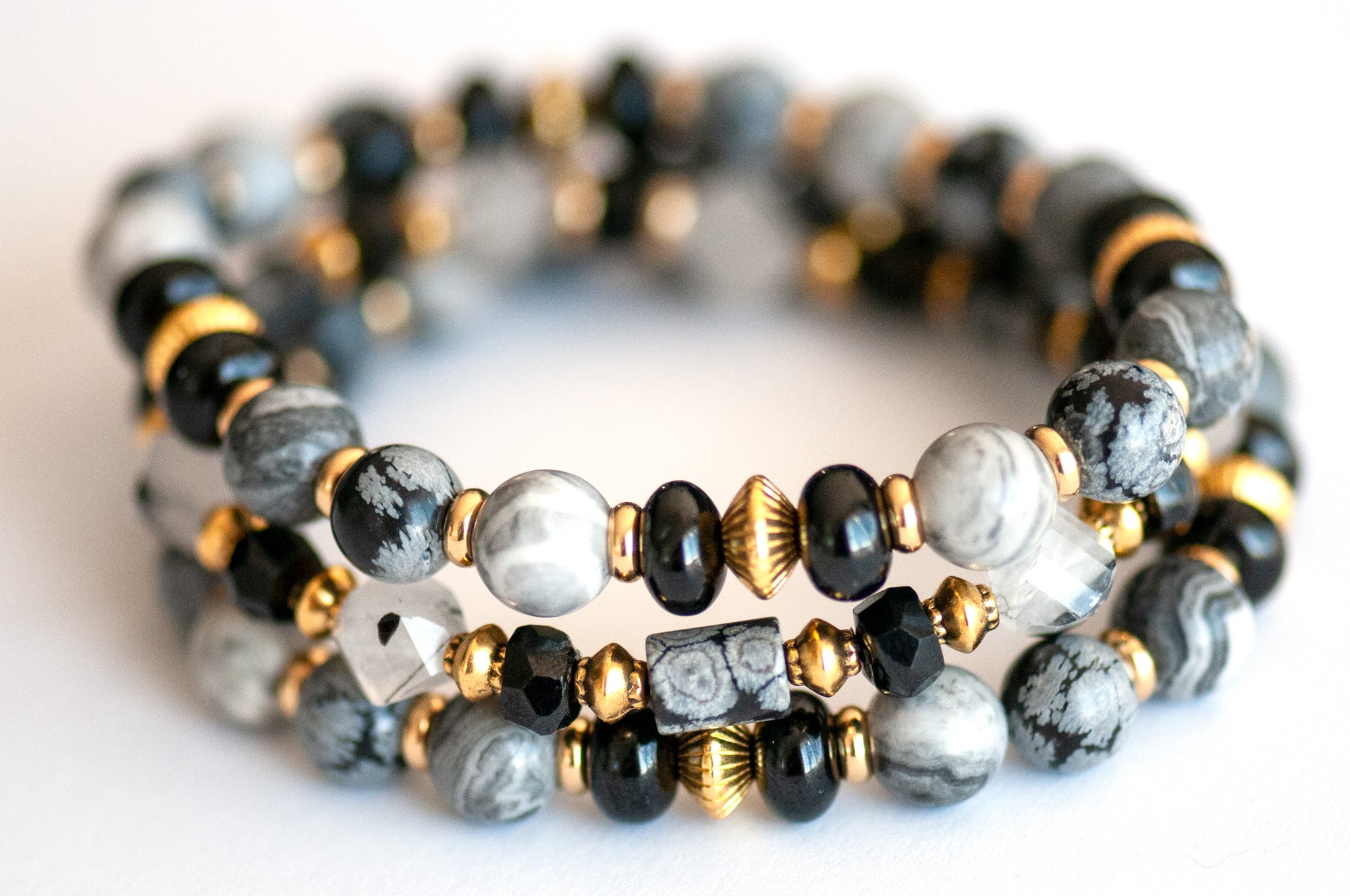 Nyx - Snowflake Obsidian, Spinel & Jasper Bracelet Set