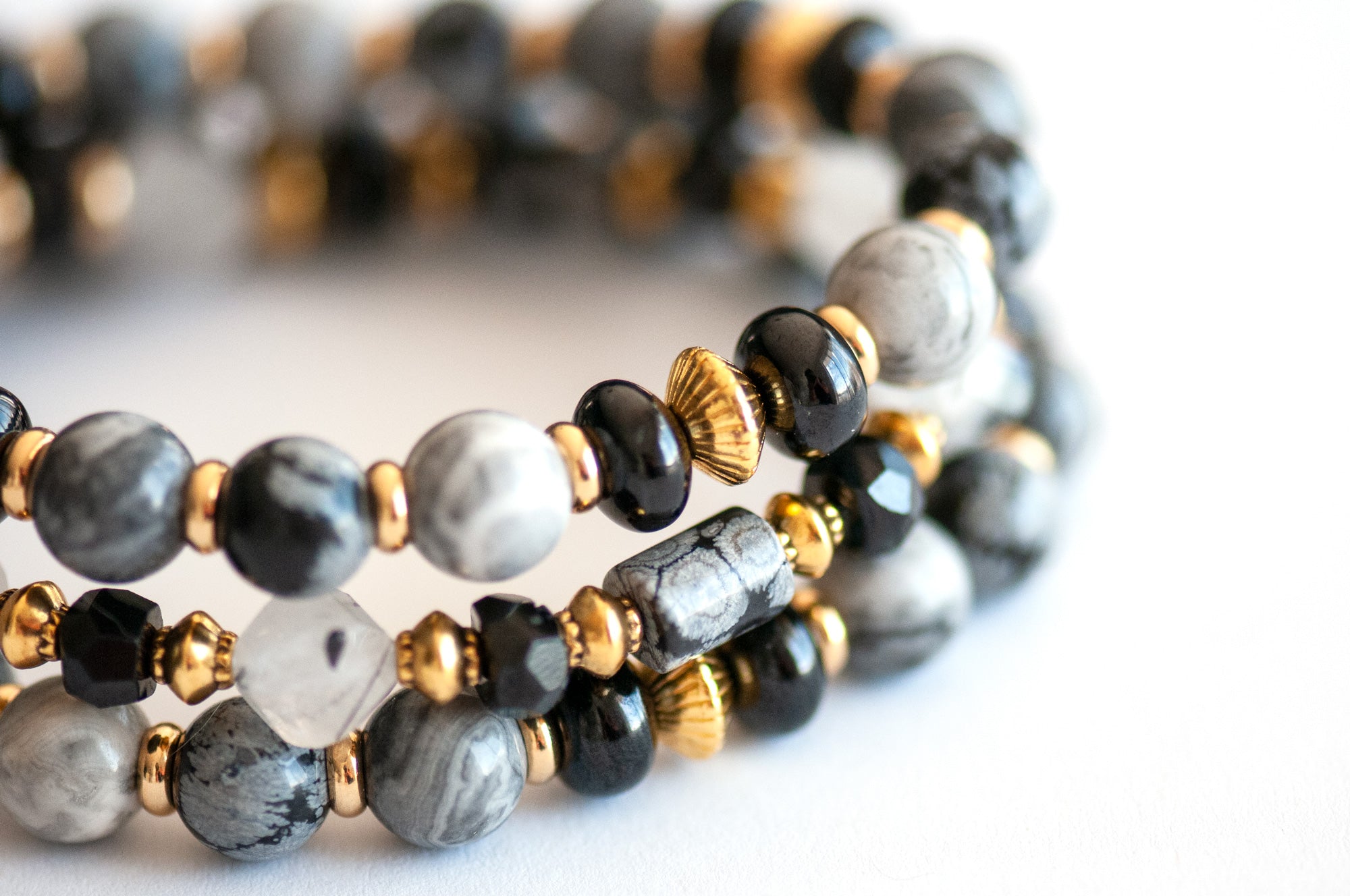 Nyx - Snowflake Obsidian, Spinel & Jasper Bracelet Set