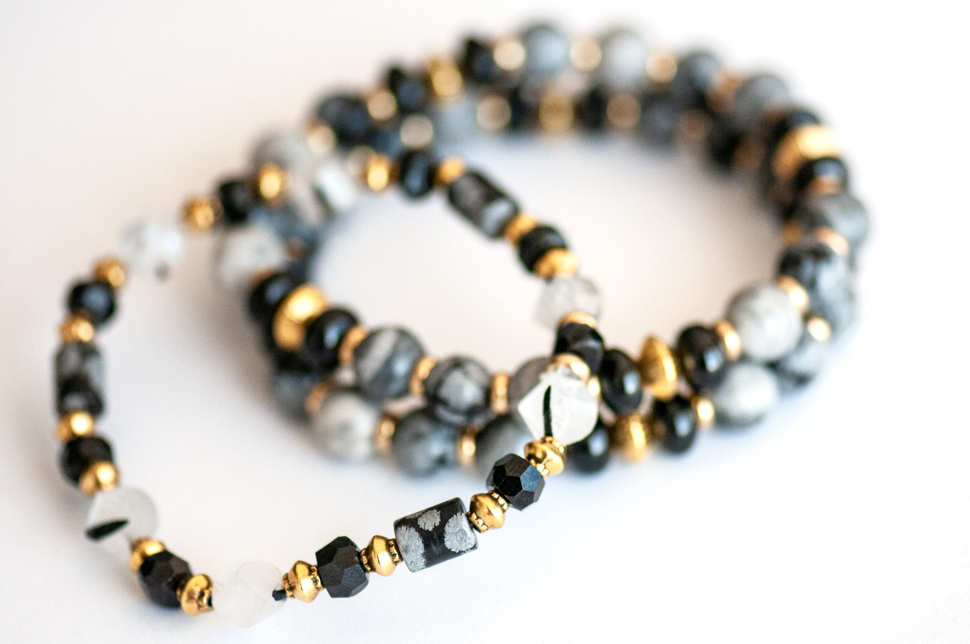 Nyx - Snowflake Obsidian, Spinel & Jasper Bracelet Set