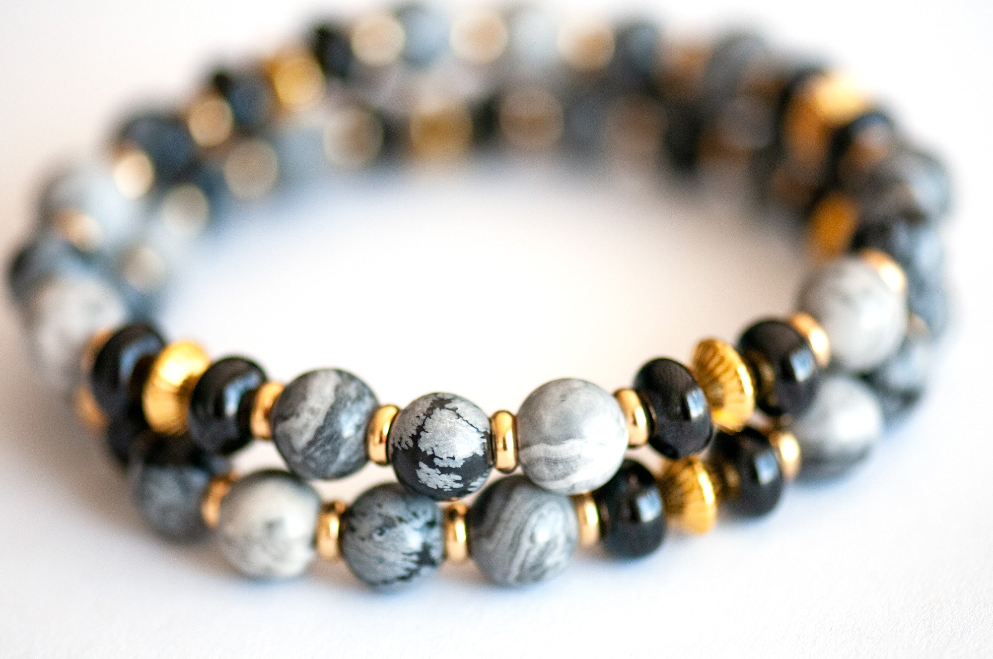 Nyx - Snowflake Obsidian, Spinel & Jasper Bracelet Set