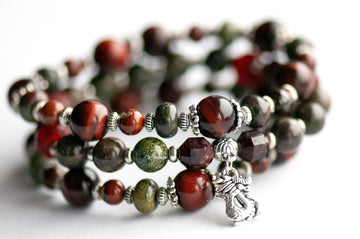 Flameborne Dragon bracelet set with Dragonblood Jasper, Garnet, Red Tiger Eye, Tiger Iron, and dragon charm – handcrafted by Fierce Lynx Designs