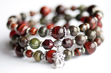 Flameborne Dragon bracelet set with Dragonblood Jasper, Garnet, Red Tiger Eye, Tiger Iron, and dragon charm – handcrafted by Fierce Lynx Designs