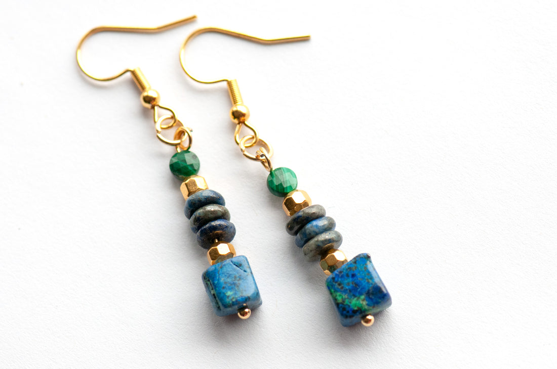 Elegant gemstone earrings featuring Azurite, Malachite, and Lapis with gold-plated accents. A mystical, lightweight design for everyday magic and style.