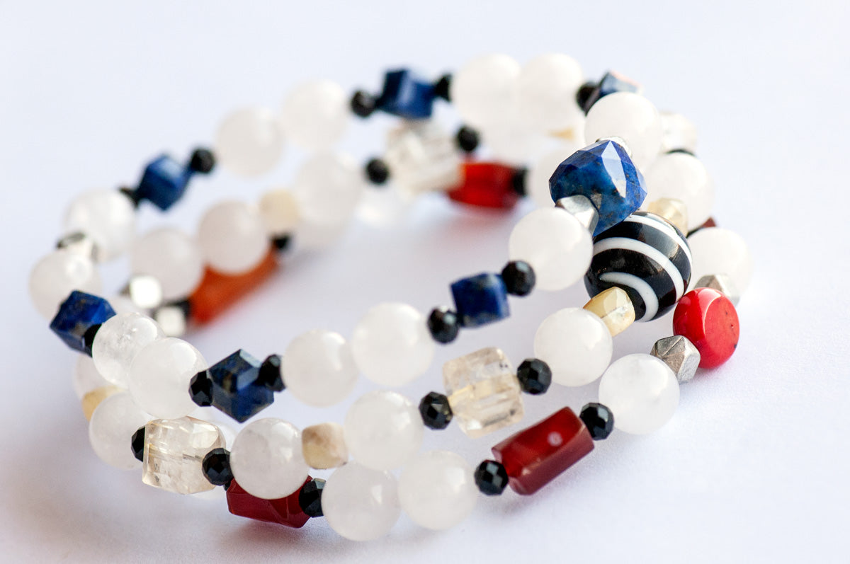 Mondrian Lynx bracelet set featuring Lapis, Carnelian, Citrine, and White Jade gemstones