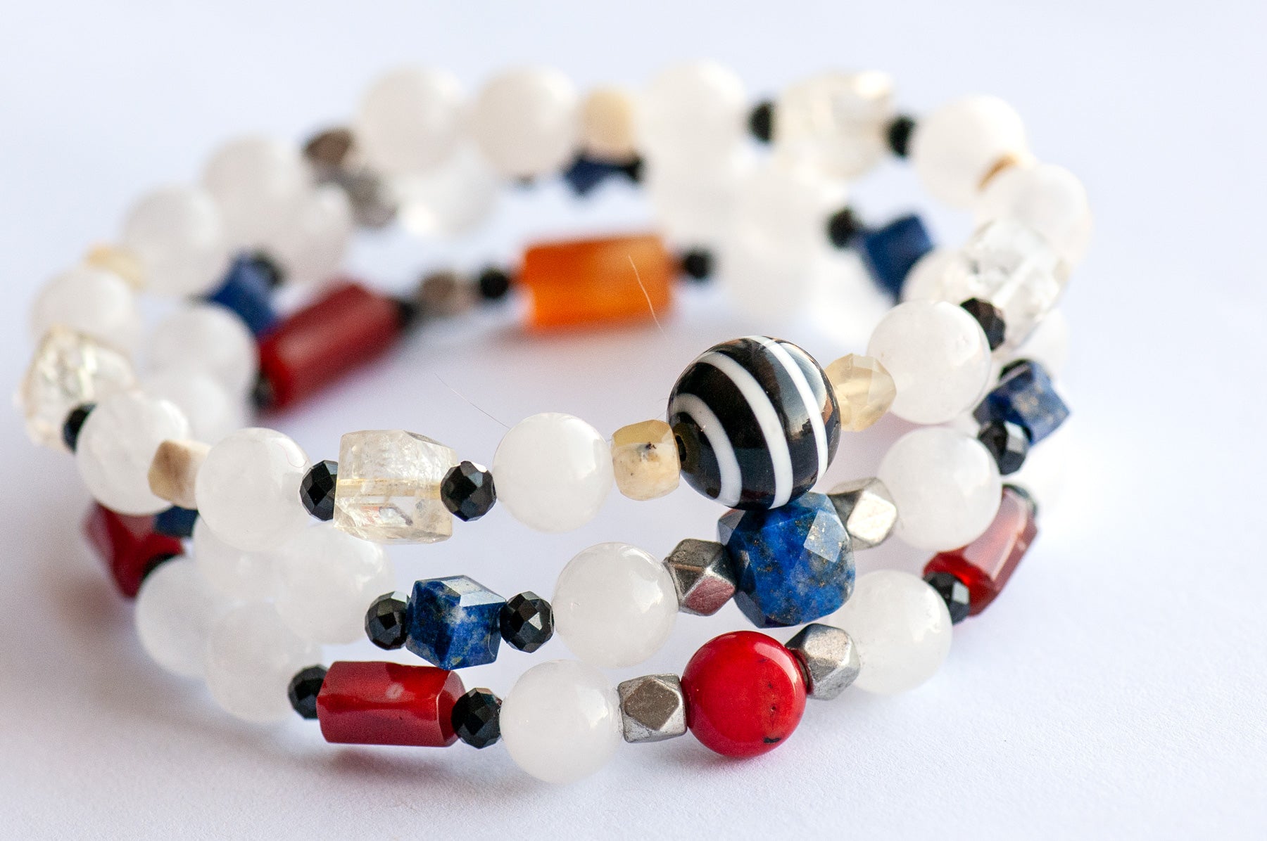 Mondrian Lynx bracelet set featuring Lapis, Carnelian, Citrine, and White Jade gemstones