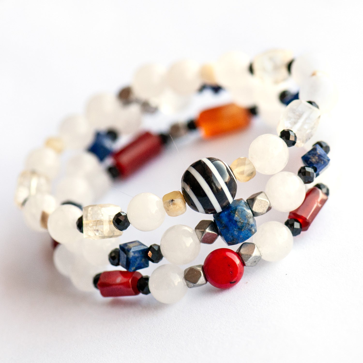 Mondrian Lynx bracelet set featuring Lapis, Carnelian, Citrine, and White Jade gemstones