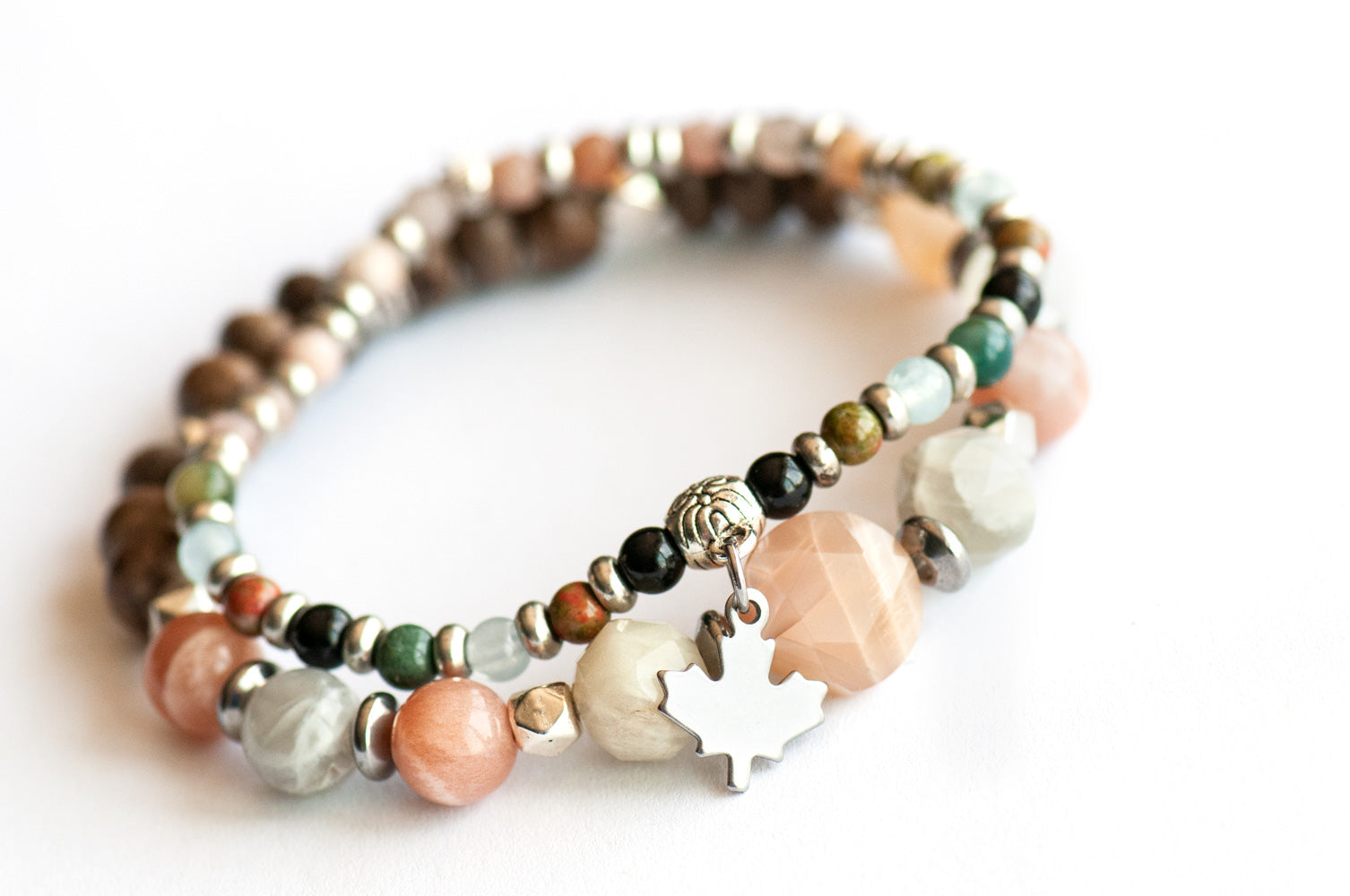 Nova Scotia Lynx Bracelet Set – Two handmade gemstone bracelets featuring Mixed Moonstone, wood beads, and a customizable charm stacker