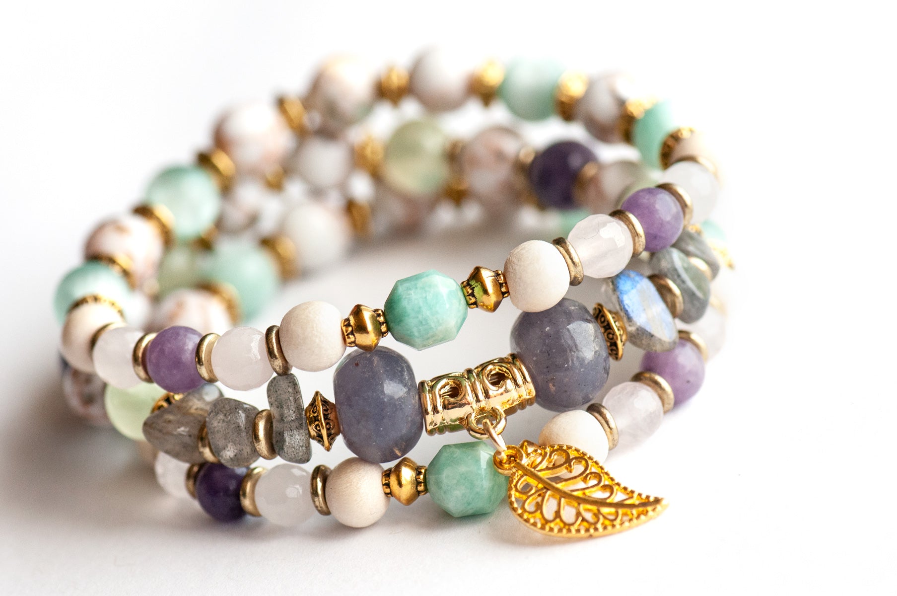 Art Nouveau Lynx bracelet stack featuring Lepidolite, Prehnite, and upcycled shell with gold leaf charm