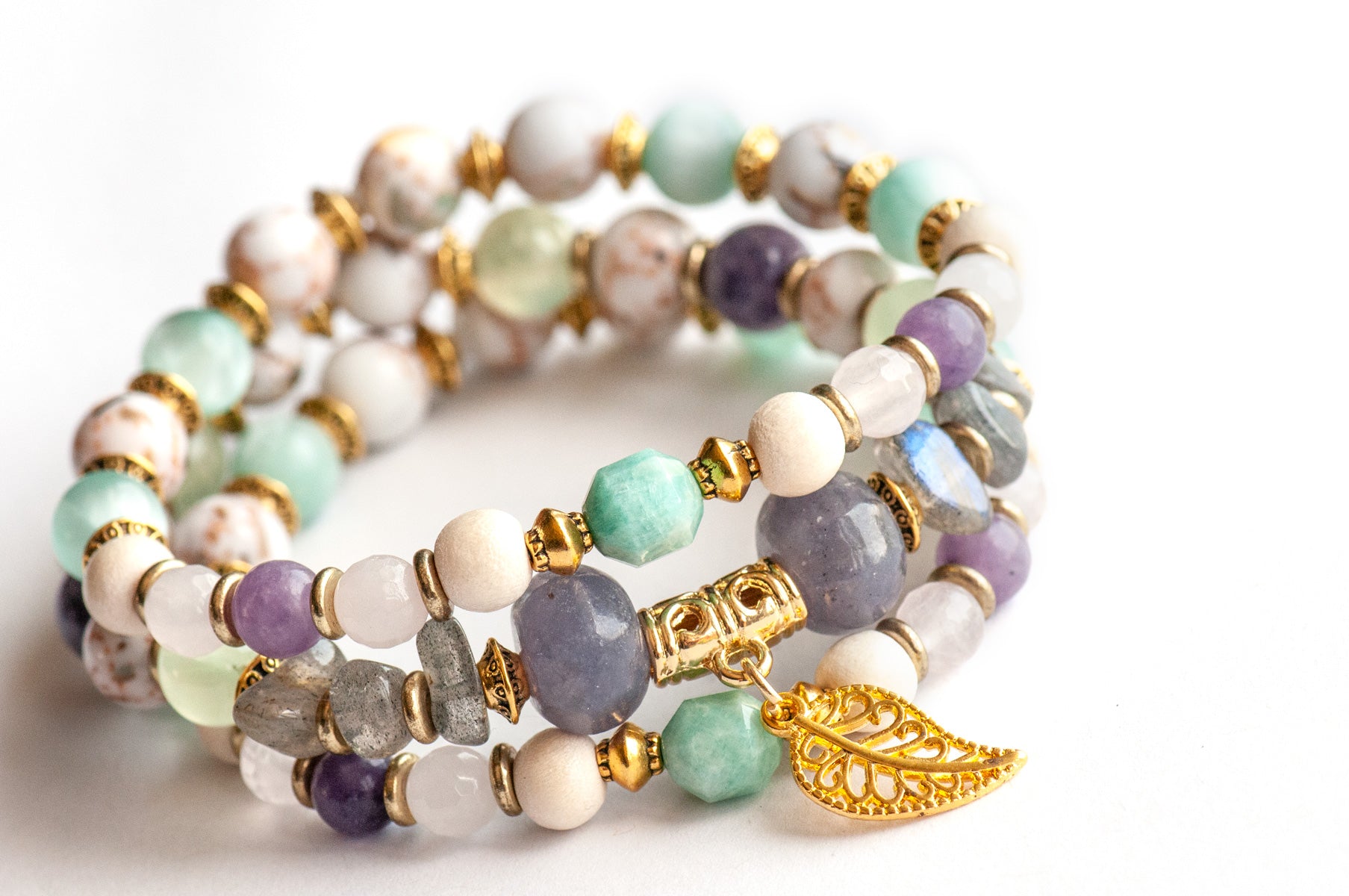 Art Nouveau Lynx bracelet stack featuring Lepidolite, Prehnite, and upcycled shell with gold leaf charm