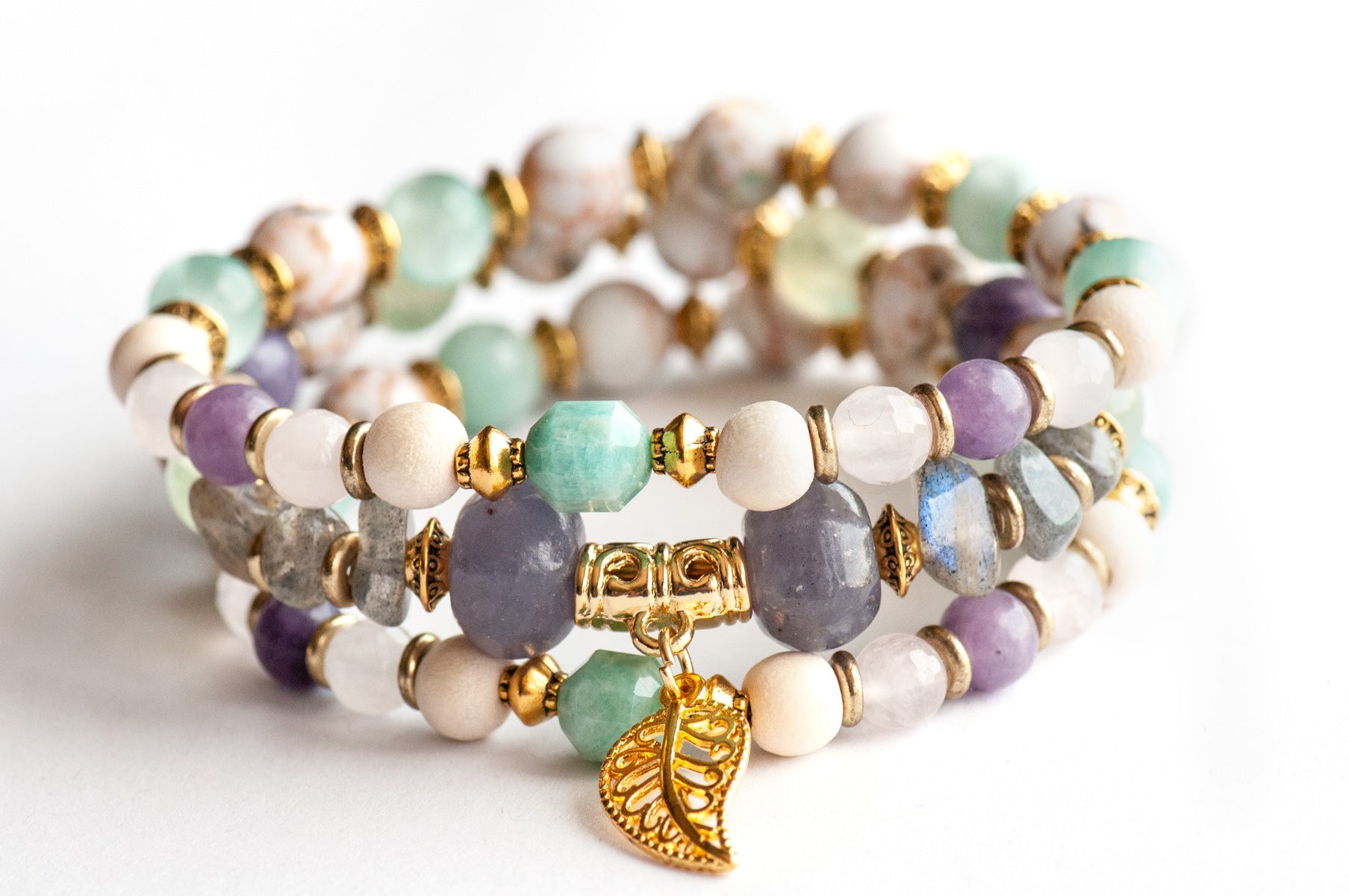 Art Nouveau Lynx bracelet stack featuring Lepidolite, Prehnite, and upcycled shell with gold leaf charm