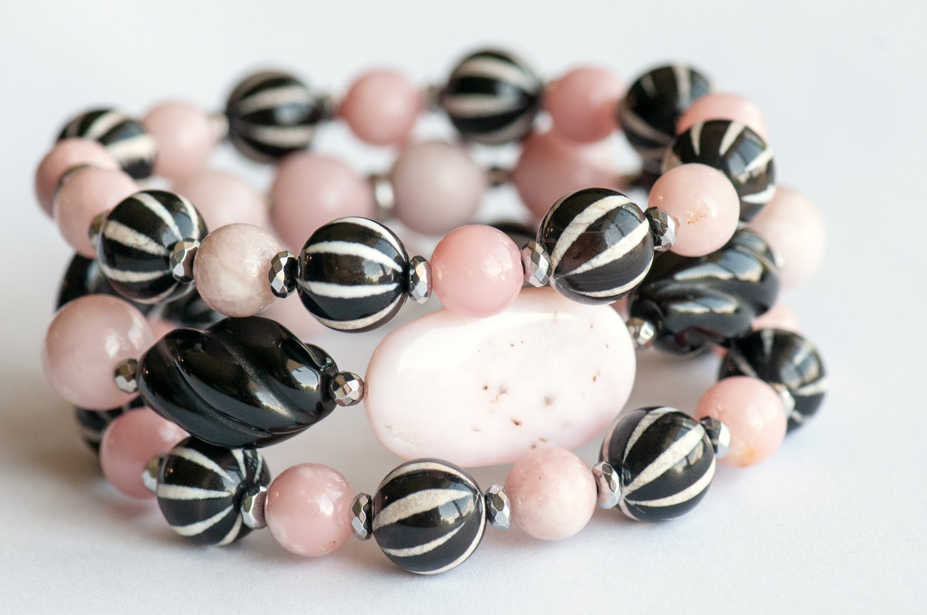 Fierce Equilibrium Pink Opal and Black Onyx Bracelet Set