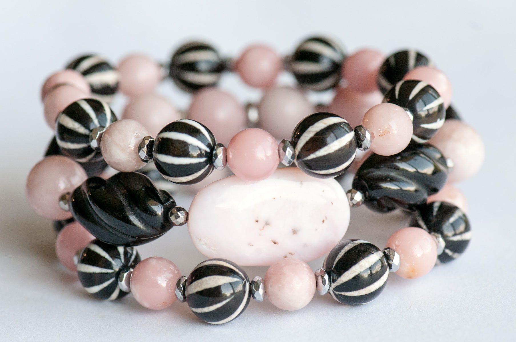 Pink Opal and Black Onyx Bracelet Set with Silver-Plated Hematite Spacers