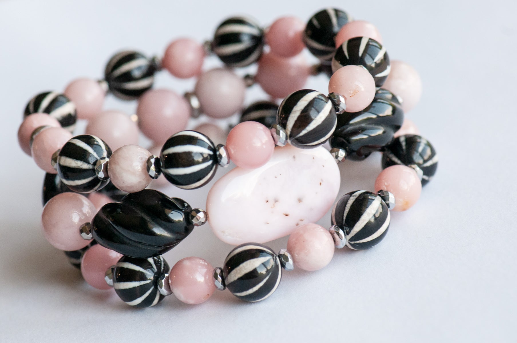 Pink Opal and Black Onyx Bracelet Set with Dzi Agate Beads
