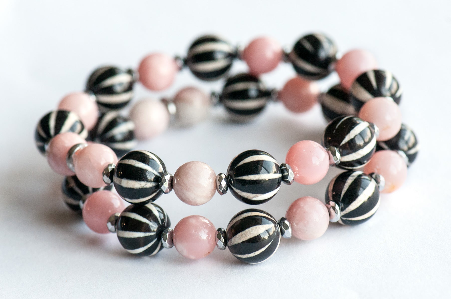 Pink Opal and Black Onyx Bracelet Set with Dzi Agate Beads