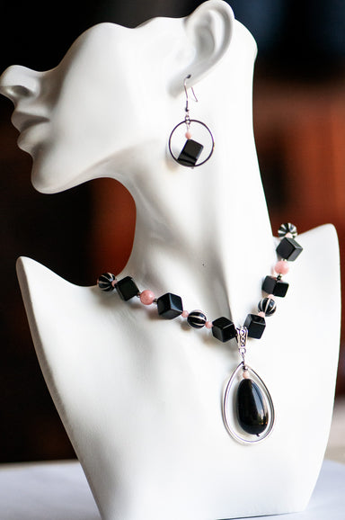 Pink Opal & Black Obsidian Necklace with Dzi Agate Beads