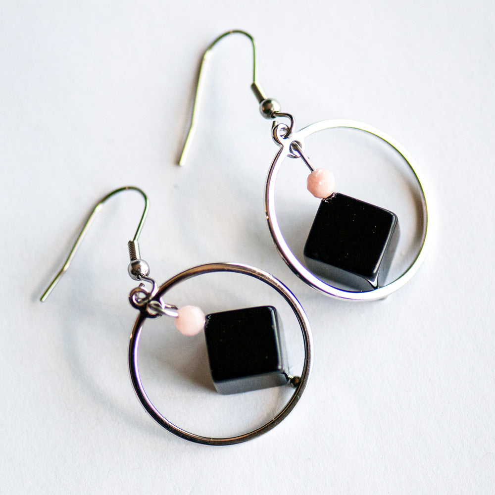 Fierce Equilibrium Pink Opal & Black Obsidian Earrings