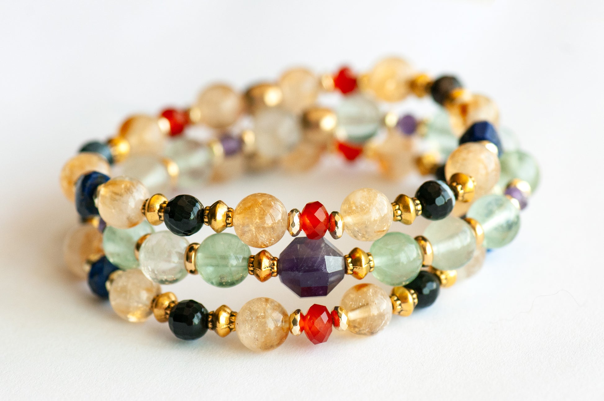 Symbolist Lynx bracelet set with Amethyst energy prism, Citrine, and golden accents