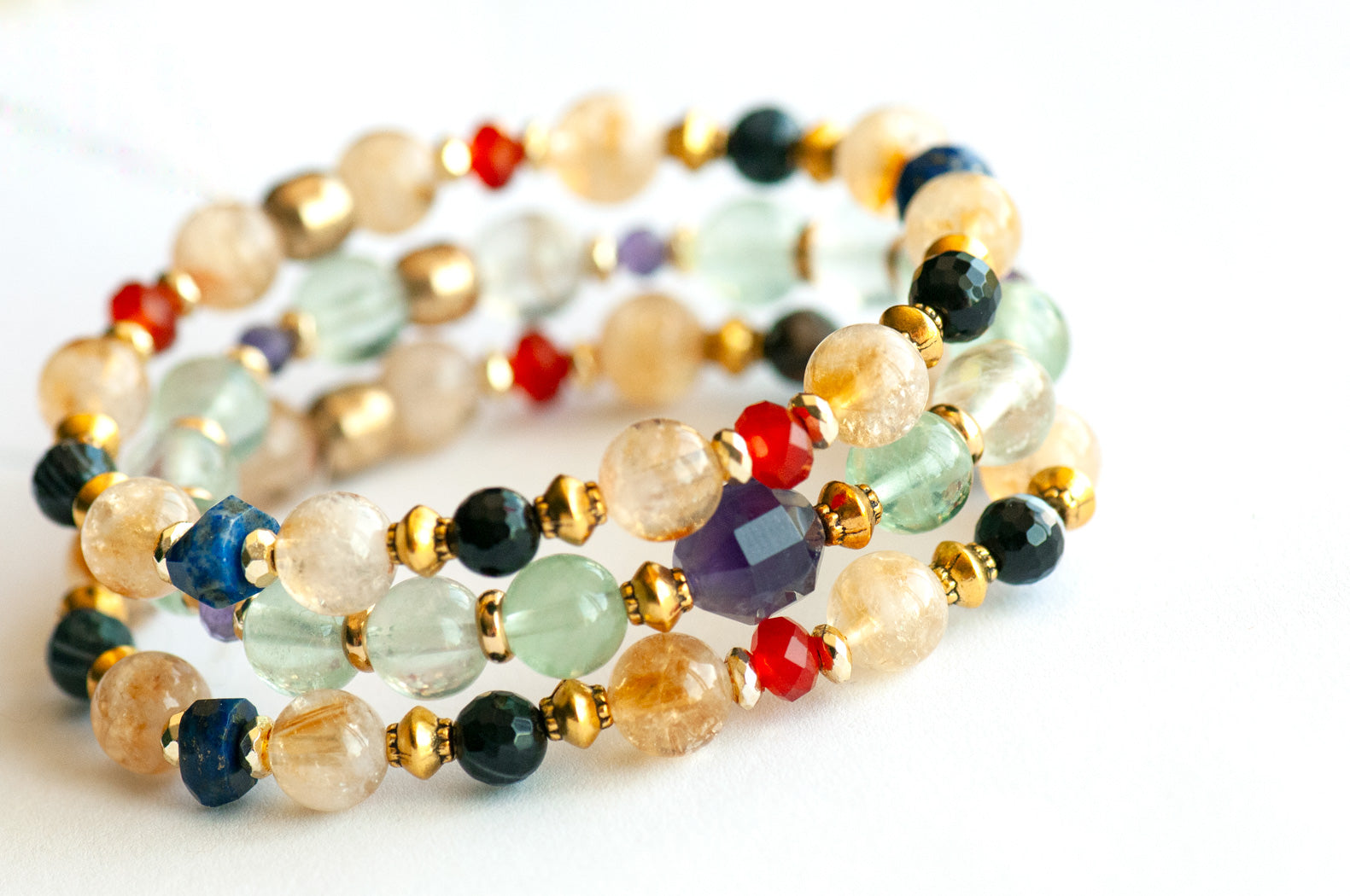 Symbolist Lynx bracelet set with Amethyst energy prism, Citrine, and golden accents