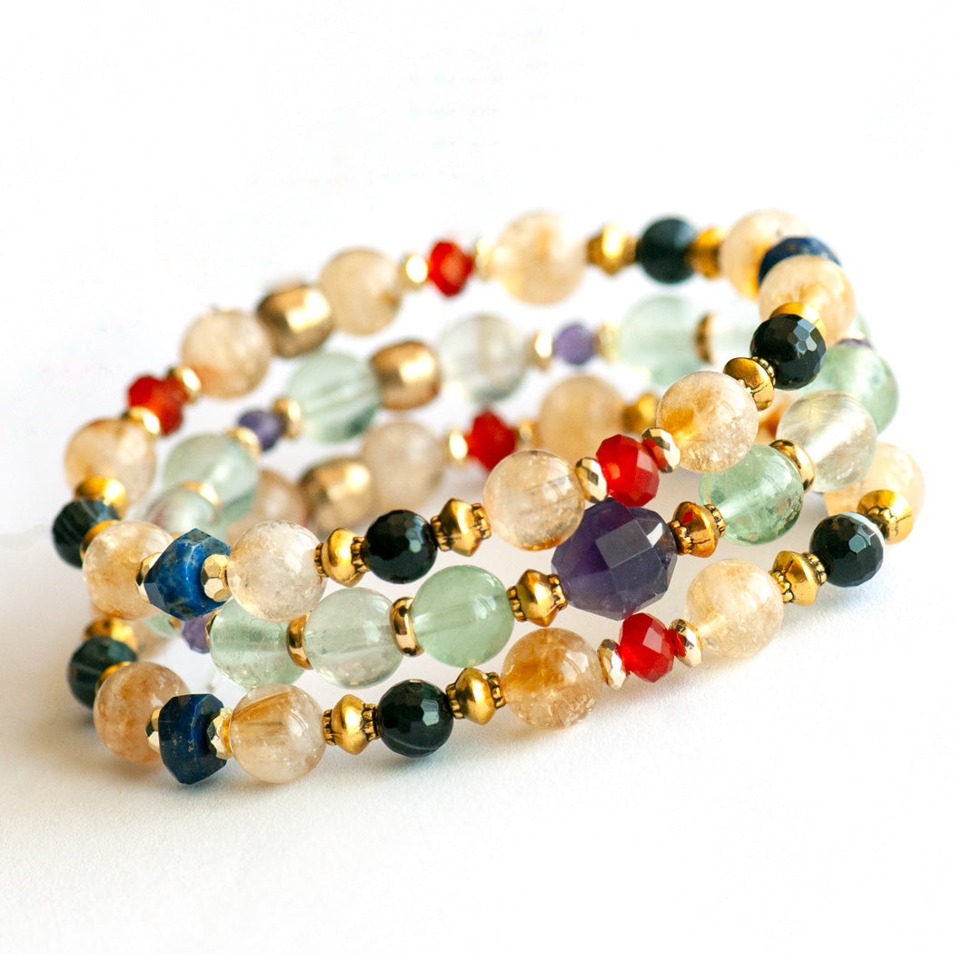 Symbolist Lynx bracelet set with Amethyst energy prism, Citrine, and golden accents