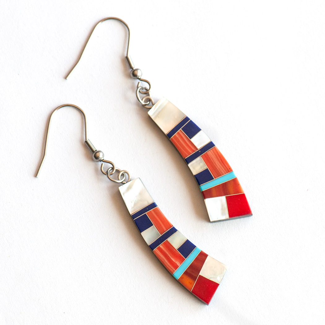 Handmade stone inlay earrings in Coral with pearl & lapis. Unique, artistic, and one-of-a-kind statement jewellery.