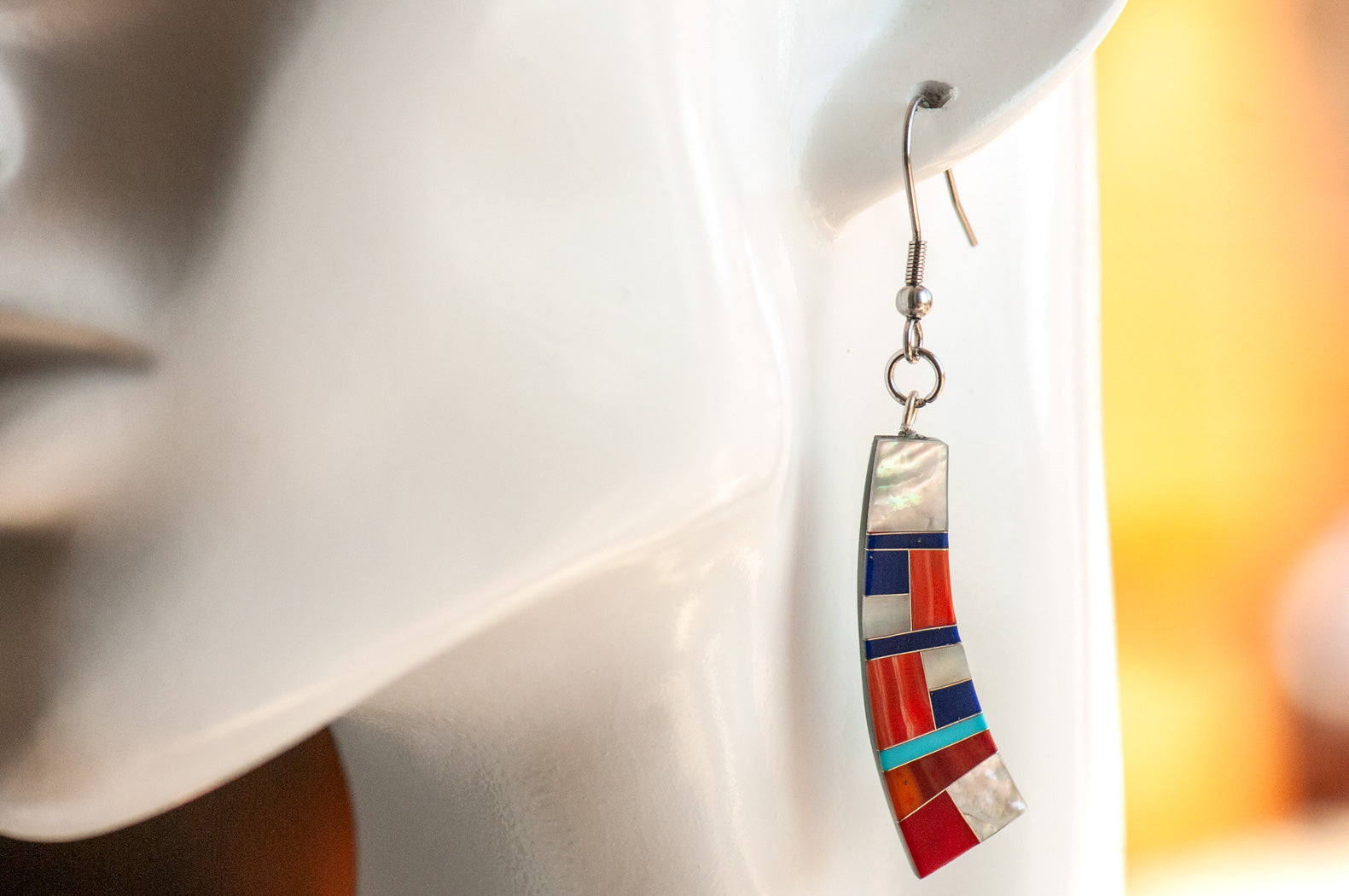 Handmade stone inlay earrings in Coral with pearl & lapis. Unique, artistic, and one-of-a-kind statement jewellery.