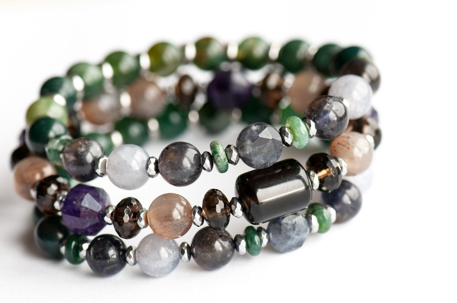 Whispering Woods Iolite Moonstone Agate Bracelet Set