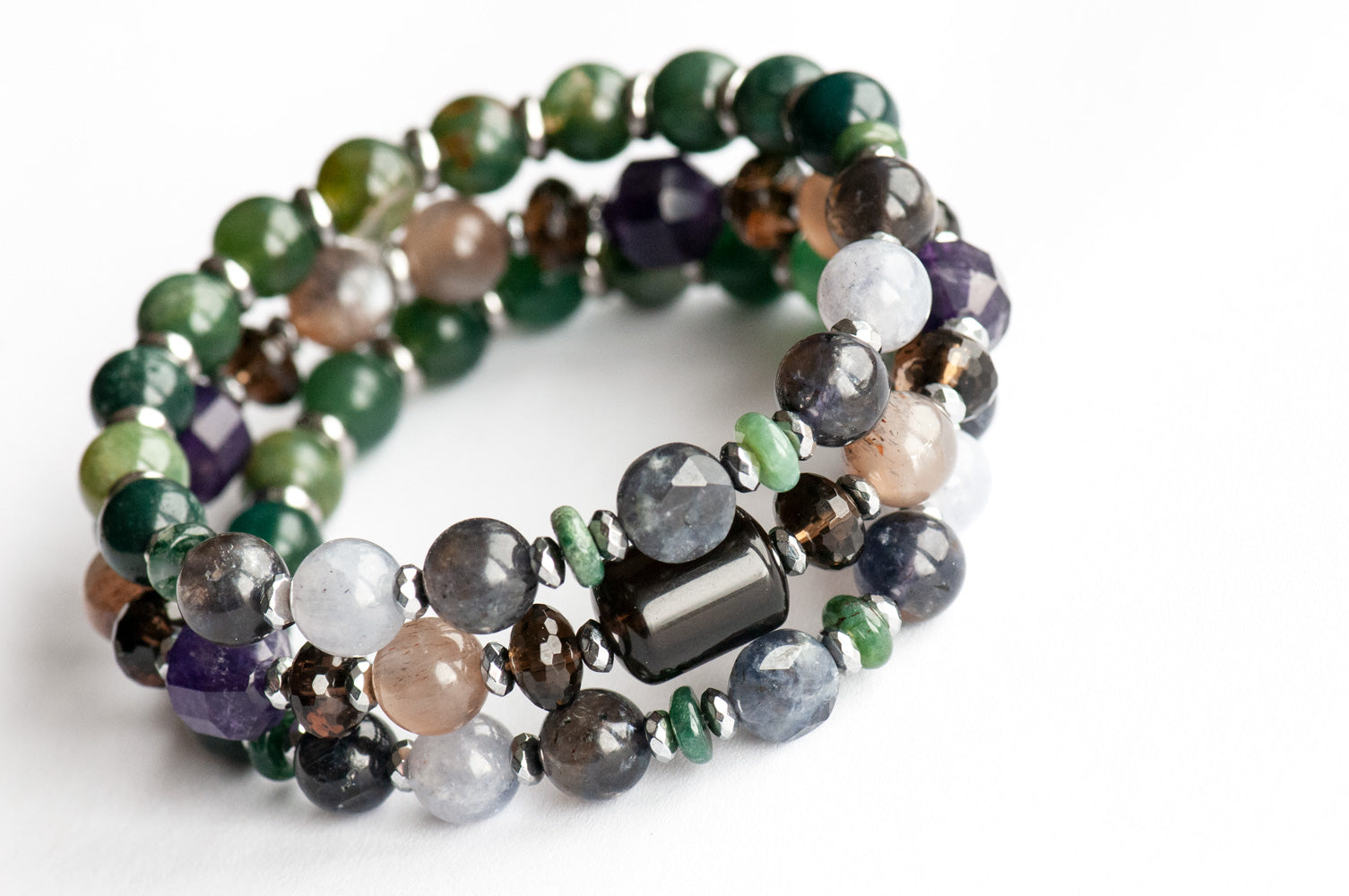 Whispering Woods Iolite Moonstone Agate Bracelet Set