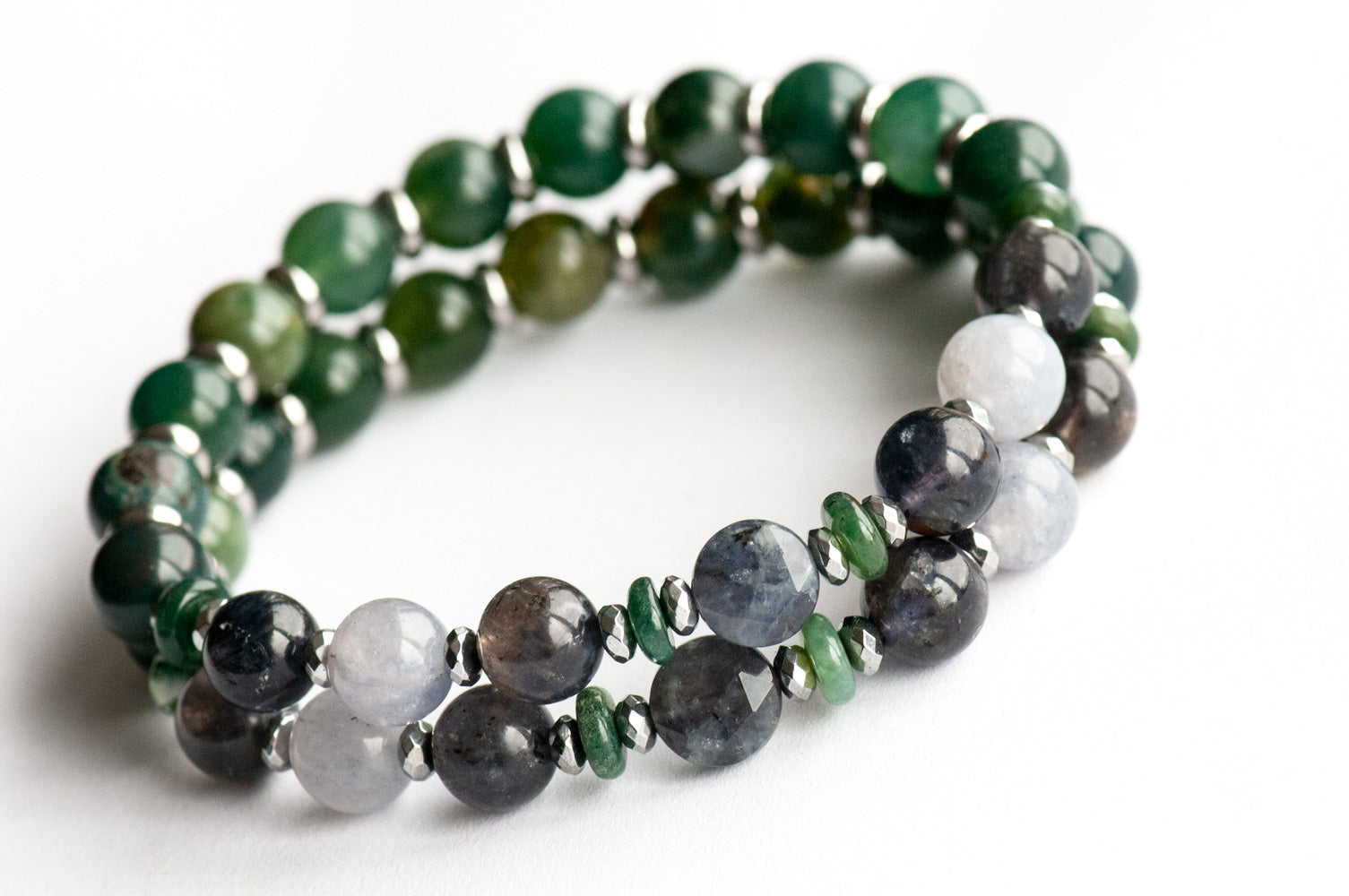 Iolite and Moss Agate Supporting Bracelets with Hematite Spacers