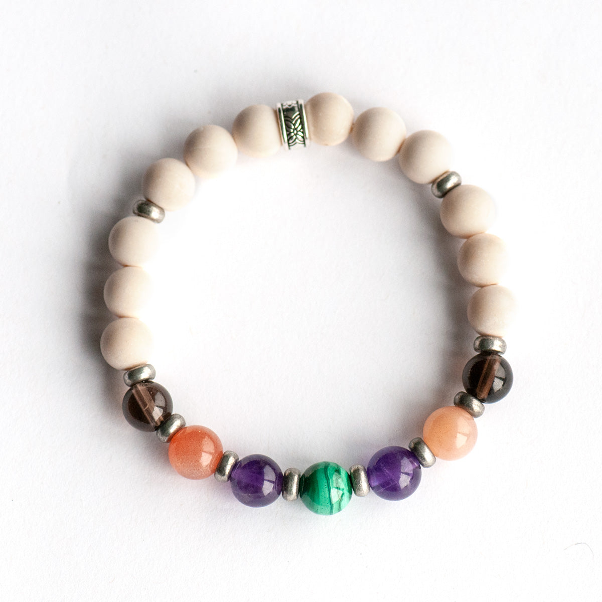 Fierce Ease bracelet with Malachite, Amethyst, Moonstone, and Smoky Quartz on white background