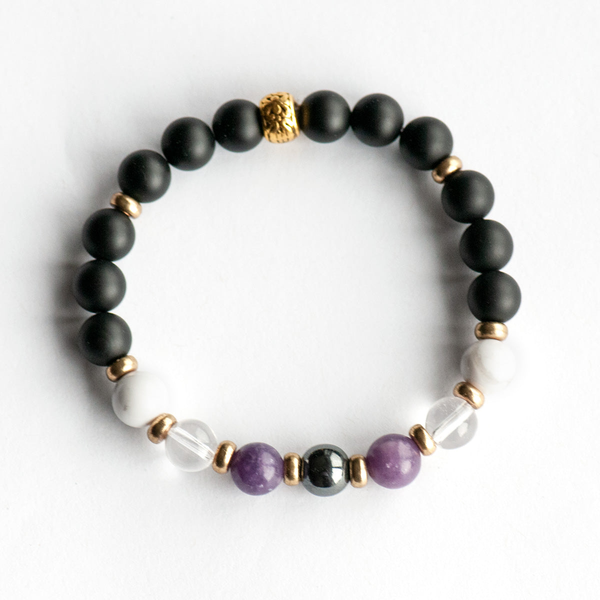 Fierce Slumber bracelet with Hematite, Lepidolite, Howlite, and Frosted Black Agate on white background