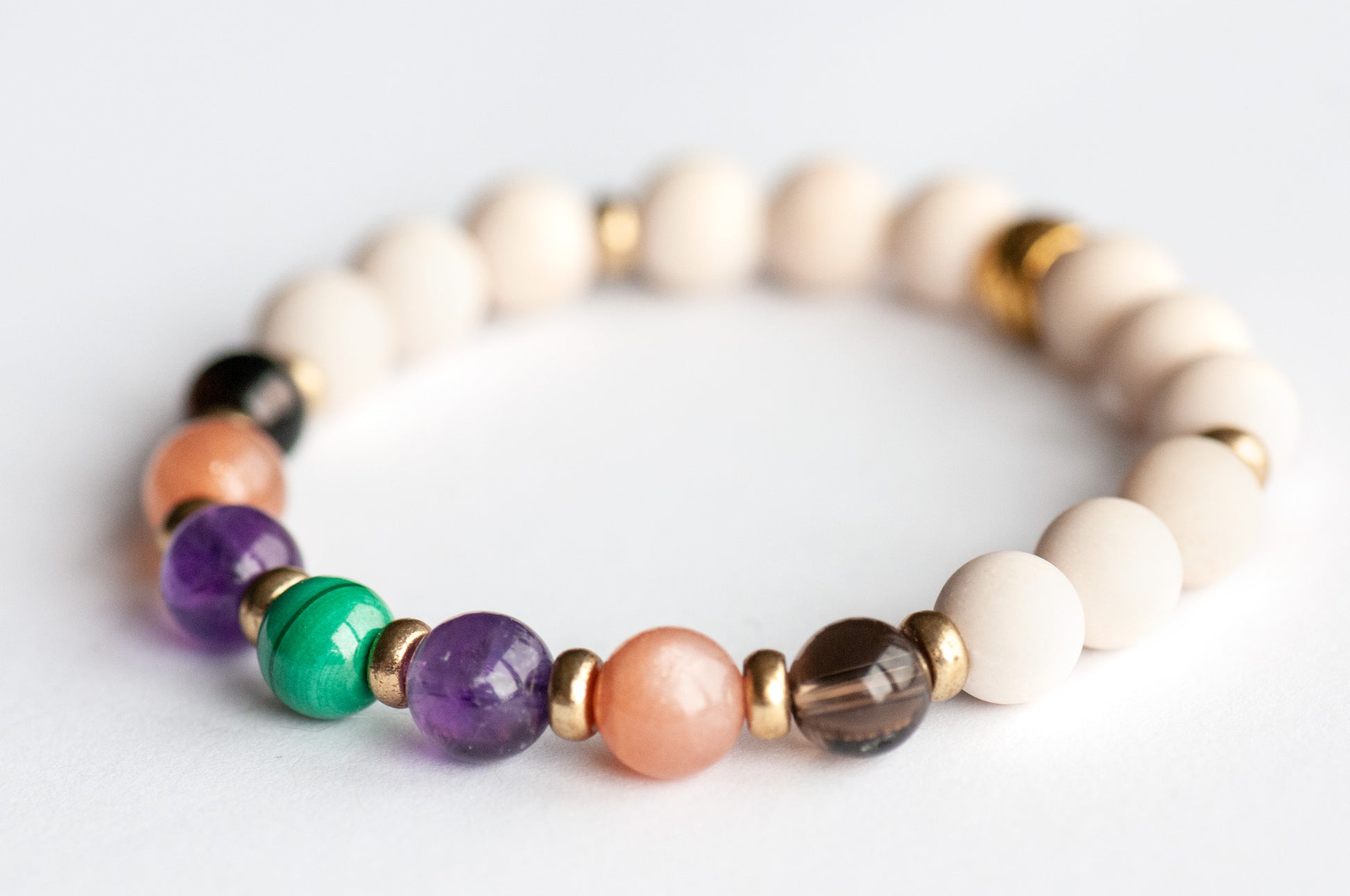 Malachite and Amethyst bracelet promoting comfort and calm – Fierce Ease by Fierce Lynx Designs