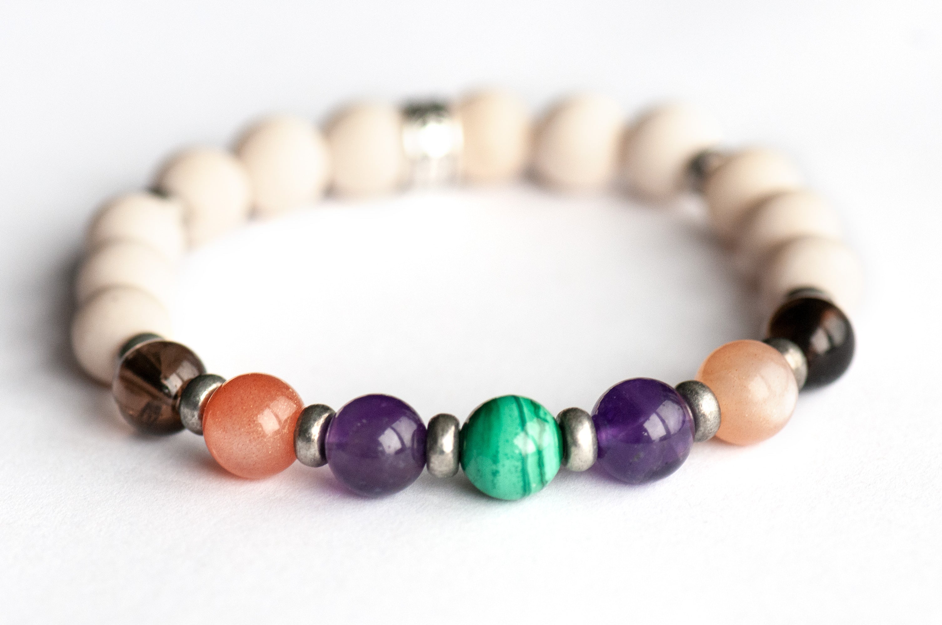 Malachite and Amethyst bracelet promoting comfort and calm – Fierce Ease by Fierce Lynx Designs
