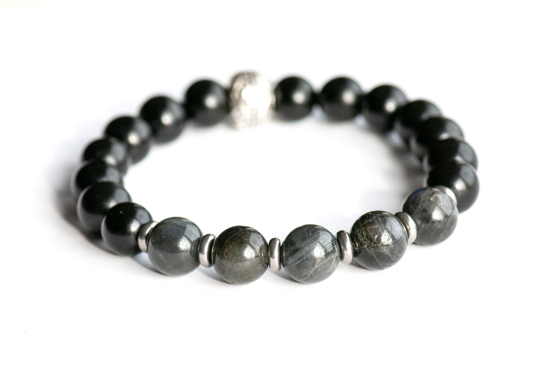 Dark Labradorite and Jet gemstone bracelet in 10mm beads