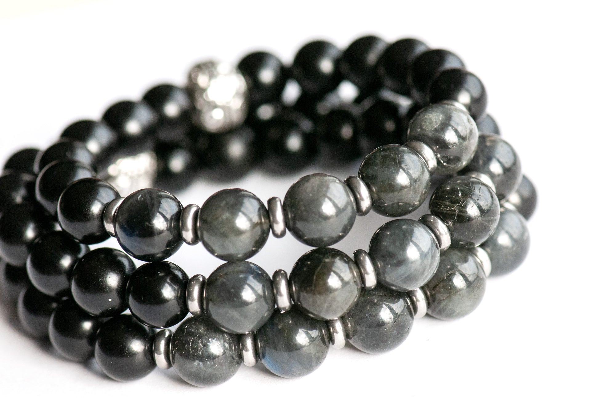 Handcrafted Jet and Labradorite bracelet with stainless steel accents