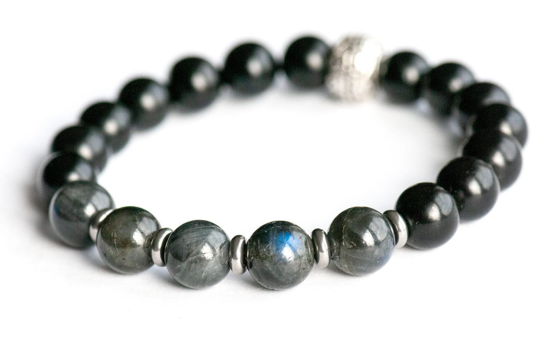 Flashpoint Jet and Labradorite bracelet with blue-flash Labradorite beads