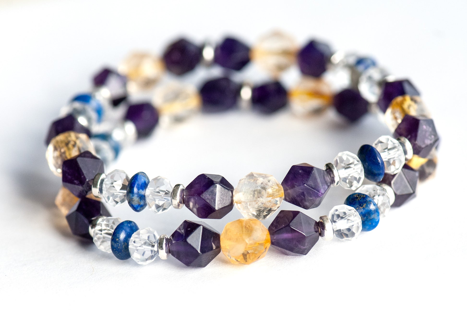 Citrine and Amethyst complementary bracelets with Crystal Quartz and Lapis Lazuli