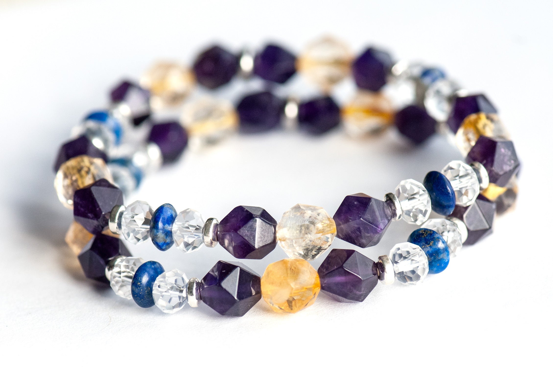 Citrine and Amethyst complementary bracelets with Crystal Quartz and Lapis Lazuli