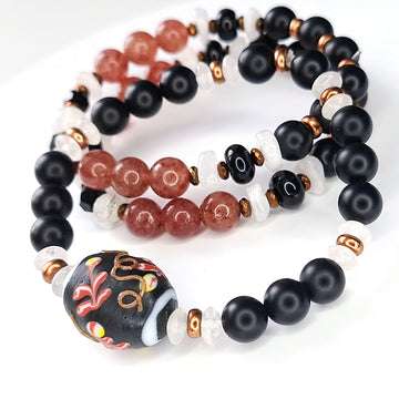 Voyage to Kyoto bracelet set inspired by cherry blossoms in Kyoto at night with moonstone and strawberry quartz