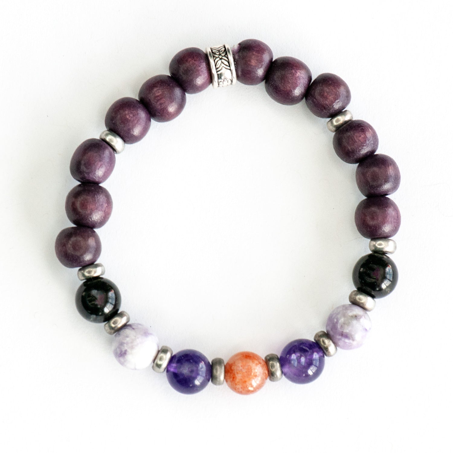 Handmade travel anxiety bracelet with sunstone and black tourmaline for protection and calm - Silver Version