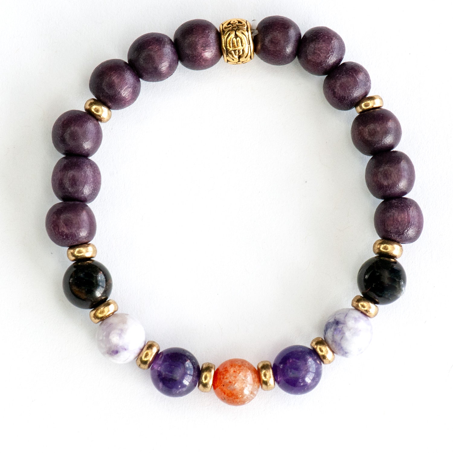 Handmade travel anxiety bracelet with sunstone and black tourmaline for protection and calm - Gold Version