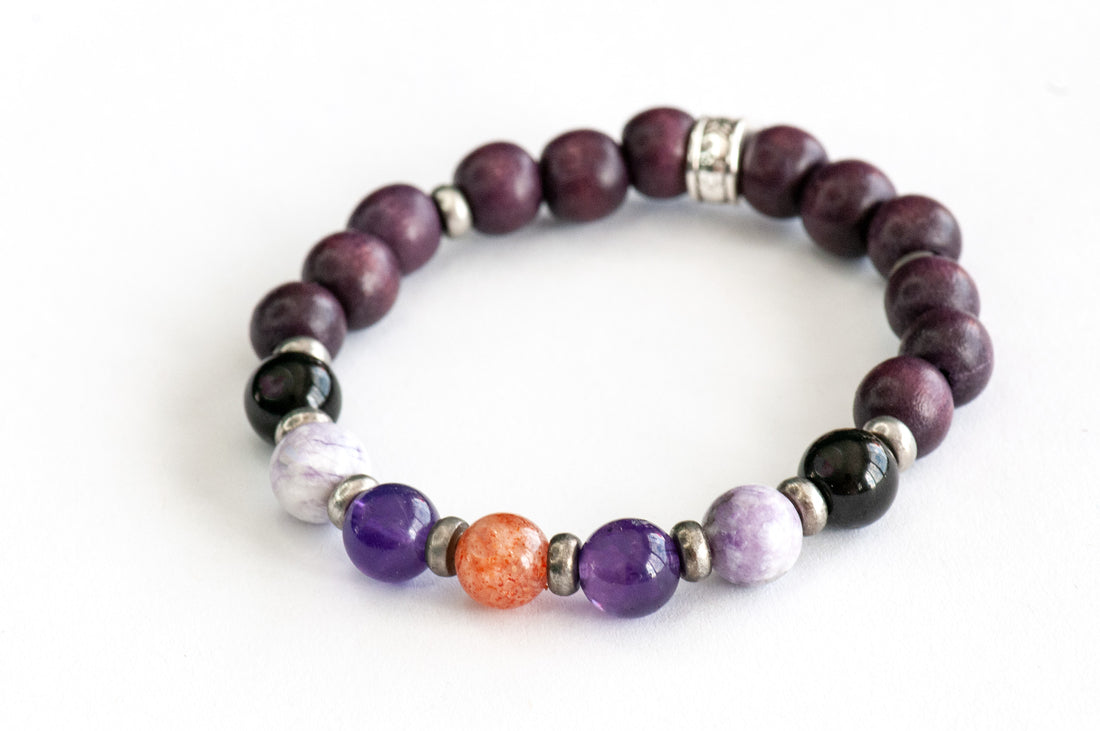 Fierce Safe Passage travel anxiety crystal bracelet with sunstone, amethyst, tiffany jasper, and black tourmaline