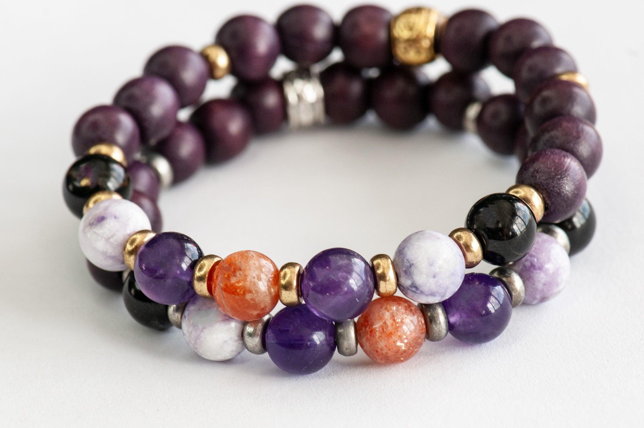 Fierce Safe Passage travel anxiety crystal bracelet with sunstone, amethyst, tiffany jasper, and black tourmaline