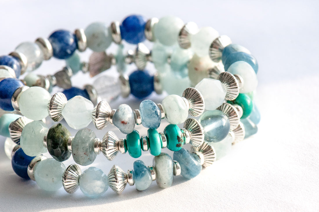 Fierce Water three-bracelet set featuring Fluorite, Turquoise, Kyanite, Larimar, Labradorite, and Aquamarine gemstones
