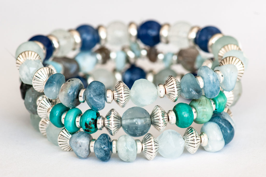 Fierce Water three-bracelet set featuring Fluorite, Turquoise, Kyanite, Larimar, Labradorite, and Aquamarine gemstones
